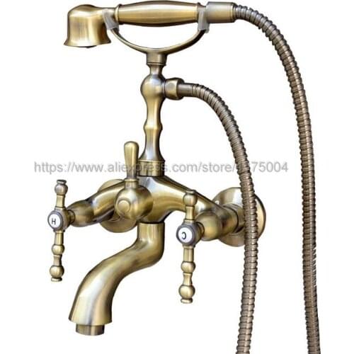 Polished Gold Wall Mount Bathtub Faucet Dual Handles Swivel Spout Mixer Tap with Hand Sprayer Ntf061