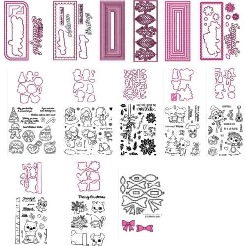Rectangle Frame Christmas Greetings Flower Leaf Animal Angel Transparent Clear Stamps or Cutting Dies for Diy Scrapbooking Cards