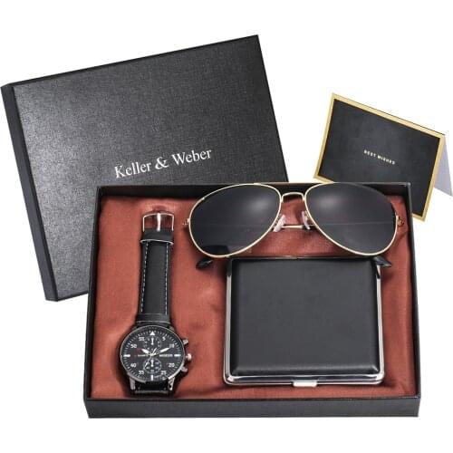 Luxury Mens Watch Sunglasses Cigarette Case Set Quartz Clock Leather Strap Practical Buckle Handsome Set Gift for Husband Dad