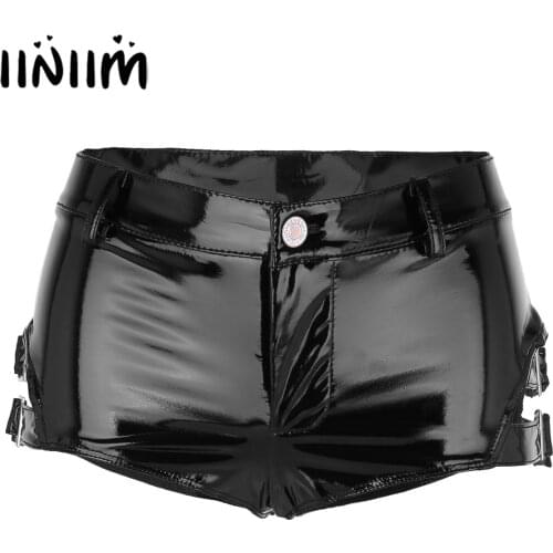 Iiniim Women Femme Wet Look Mini Hot Shorts Patent Leather Low Rise Sexy Clubwear Party Show Hot Shorts with Buckles