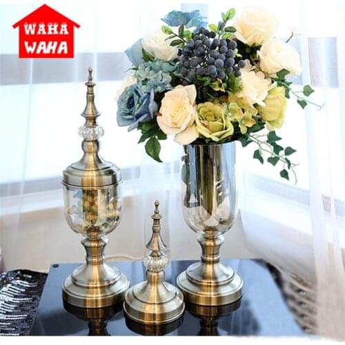 European Retro Glass Vase Metal Alloy Gold Vase Modern Table Creative Home Decorative Artificial Flower Bottle for Wedding