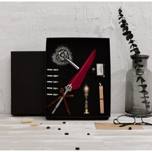 Vintage European Calligraphy Feather Dip Pen Writing Ink Set with 5 Nib Wedding Gift Quill Pen Fountain Pen Stationery Gift Box