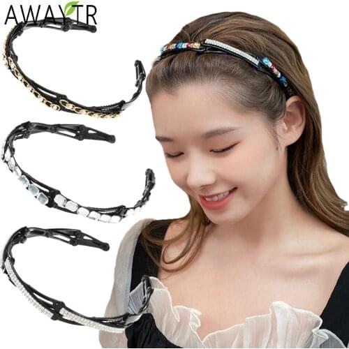 AWAYTR Non-slip Teeth Headband Adjustable Crystal Pearl Fashion Bezel Hair Band Hoop Girls Rhinestone Hairbands Hair Accessories