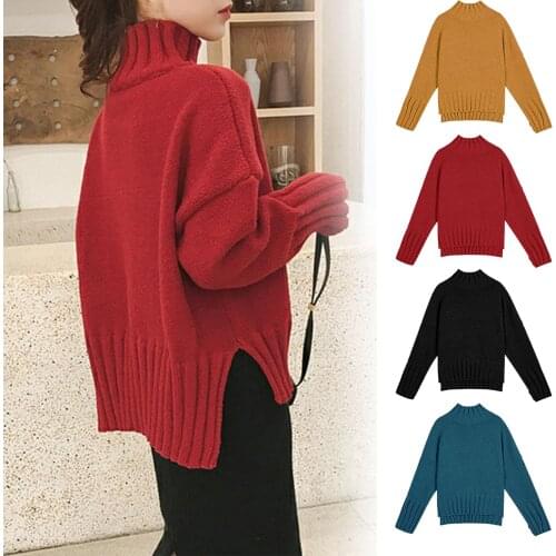 Women Autumn Winter Long Sleeve Turtleneck Split Hem Knitted Pullover Sweater