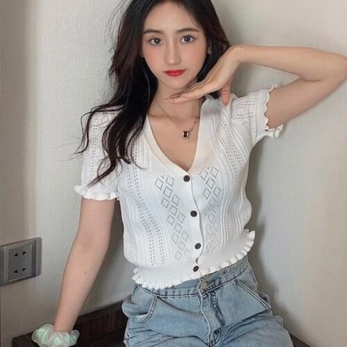 Knitted Tops Femme Korean Hollow Out Sweet Tshirts Woman Short Sleeve V Neck Summer Thin Hight Wasit Top White Black Slim Tees