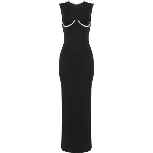 New Long Dress Women Bandage Black Beading 2021 Autumn Winter Clothes Party Evening Maxi Sleeveless Dresses