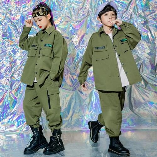 2021 Kids Street Dance Clothes Girls Hip Hop Outfit Army Green Long Sleeves Tops Cargo Pants Overalls Performance Costume BL6824