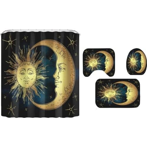 Abstract Star Moon and Sun Print Shower Curtain Waterproof Polyester Bathroom Curtains with 12 Hooks Bathroom Mat