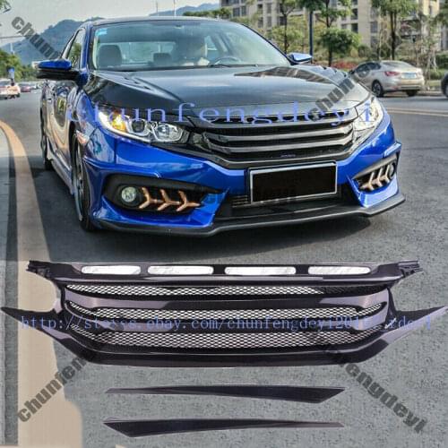 For Honda Civic 2016-2017 2018 Real Carbon Fiber Front Bumper Grille+Headlight eyebrow