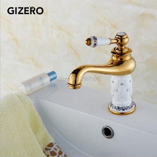 GIZERO Free ship Single Ceramic Handle Bathroom Basin Faucet Brass With Diamond Body Mixer Faucet Golden Basin Sink Tap GI523