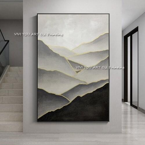The Gray Mountain View Picture Modern Original Nature Thick Oil Painting Rainny Foggy Art Design On Canvas for Home Decoration