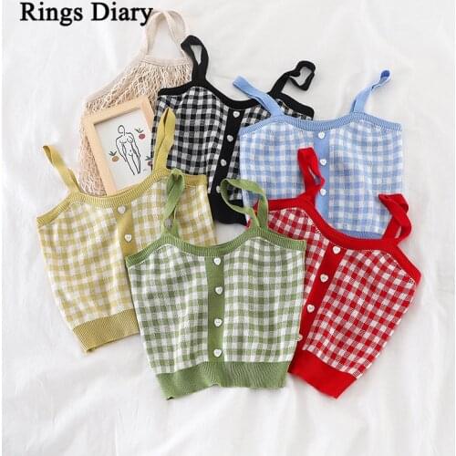 Rings Diary Plaid Buttons Spaghetti Camis Club Sexy Knitting Camisoles Female Tank Tops Ladies Sleeveless Solid Simple Tops New