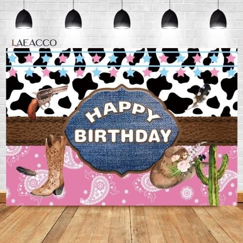 Laeacco Cowboy Birthday Backdrop Tropical Saguaro Western Cowgirl Cap Kids Bday Party Portrait Customized Photography Backdrops