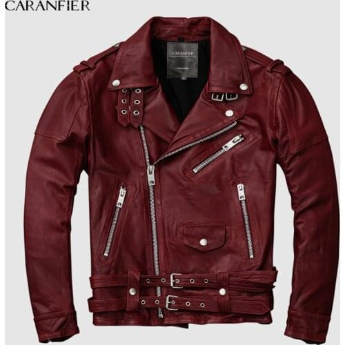 CARANFIER 2019 Men Red Genuine Leather Motorcycle Jacket Plus Size XXXL Real Sheepskin Diagonal Zipper Leather Biker Coat