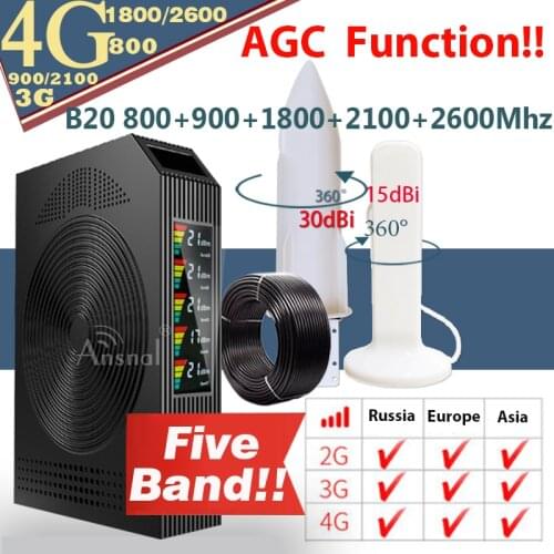 New!! B20 800/900/1800/2100/2600Mhz Five-Band CellPhone 4G Cellular Amplifier GSM Repeater 2G3G4G Mobile Signal Booster LTE DCS