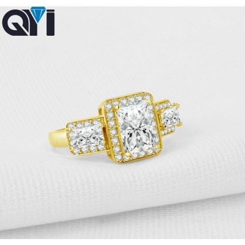QYI Wedding Jewelry 14K Solid Yellow Gold Rings Women Jewelry Engagement Ring Retangle Cut Sona Simulated Diamond