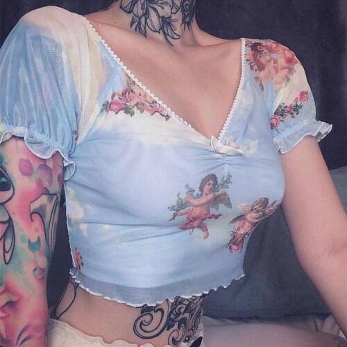 Sexy Mesh Cartoon Cupid T Shirt Womens Summer Short Sleeve Shirt See Through Tops T-Shirt Casual Lady Crop Tops Tee