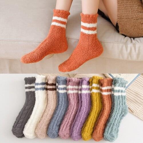 All-match Winter Warm Socks Ladies Cotton Socks 1 Pair Striped Candy Color Coral Fleece Thick Warm Floor Womens Socks Wholesale