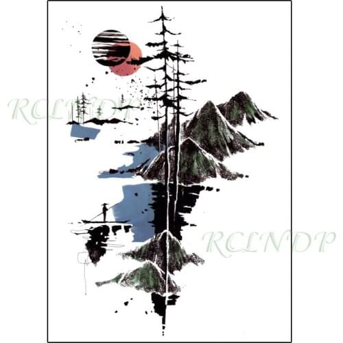 Waterproof Temporary Tattoo Sticker Moon Tree Forest Mountain Fake Tatto Flash Tatoo Back Leg Big Size Art for Women Men