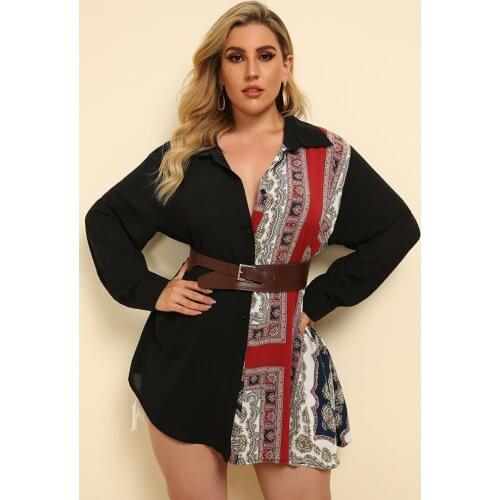 2021 Fashion Women Summer Long Sleeve Shirt Plus Size 4XL 5XL Elegant Retro Printing Patchwork Casual Blouse Ladies Office Shirt