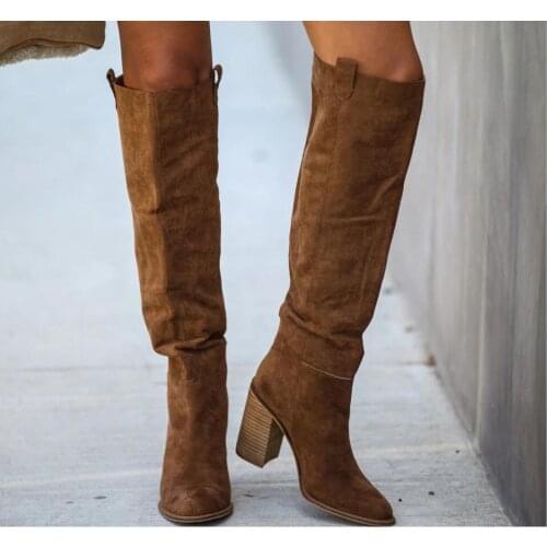 Autumn Women Rough Knee High Boots Womens Pointed Toe Thigh High Long Boots Ladies Slip On High Heels Female Shoes Large size