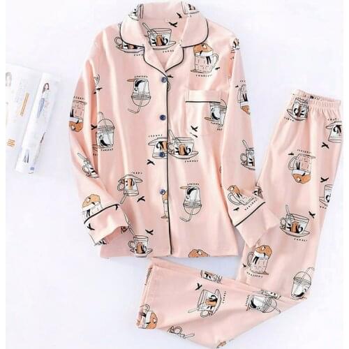 Spring And Autumn Female Cotton Knitted Long-Sleeved Pajamas Suit Cotton Loose-Fitting Home Service Can Wear Two-Piece Pijama