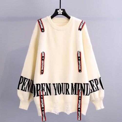 Women New Letter Print Hole Knit Jumper Sweater 2021 Drawstring Decoration Korean Pullover Tops casual knit Sweater Female