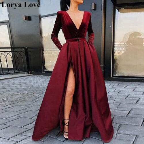 Wine Red Evening Dresses A-Line Split Prom Gowns Women Formal Party Night Robe De Soiree Sexy V-Neck Satin Wedding Party Dress