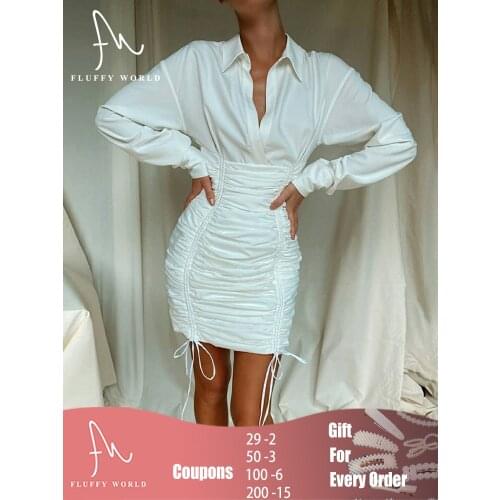 Women Elegant White Splicing Mini Shirts Dress Stacked Drawstring Bodycon Office Lady Streetwear High Waist Solid Dresses 2021