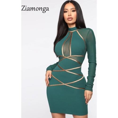 Ziamonga 2020 New Winter Long Sleeve Lace Bandage Dress Women Sexy Hollow Out Club Mini Celebrity Evening Runway Party Dresses