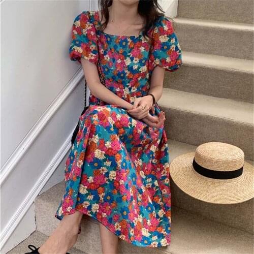 Alien Kitty Vintage Prom A-Line Dress Summer OL Florals 2021 All Match Square Collar Retro OL Elegant Women Plus Size Vestidos