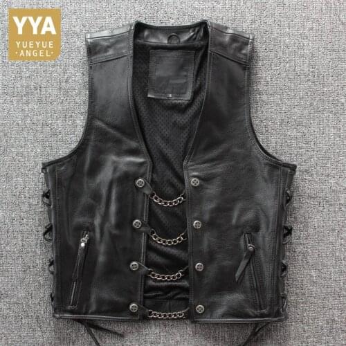 2020 New Mens Moto biker Real Leather Vest Fashion Punk Solid Black Sleeveless Vest Mens Single Breasted Slim Fit Vest Coat