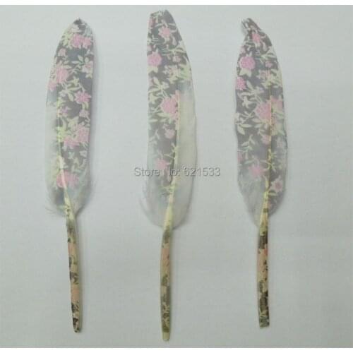 100Pcs/Lot!10-15cm Black Duck Cocottes Feathers with Pink Flowers&Green leaves Printing,,Loose Craft Flower Feathers,BULK/WHOLE