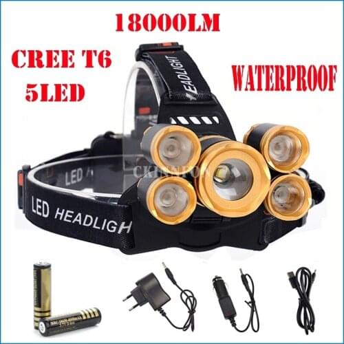 DHL 20PCS 18000LM T6+4*XPE LED Headlamp 5LEDs Headlight Waterproof Lamp Zoomable Light +2*18650 Battery+ Charger