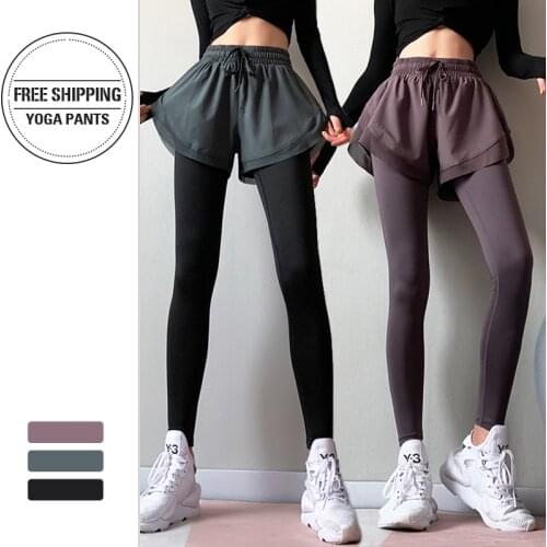 Women High Waisted Yoga Pants fake 2 IN 1 two pieces Seamless Leggings High Elastic for Fitness Running Exercise Tights Leggins