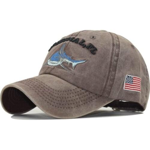 Embroidery Washed Cotton Shark Dad Hat for Men Vintage Baseball Cap Hip Hop Curved Fishing Cap Summer Fish Snapback Women Hat