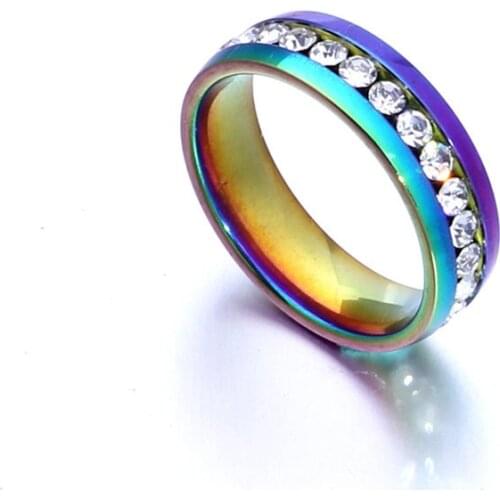 MOREDEAR Classic Men Women Rainbow Colorful Crystal CZ Ring 316 Titanium Steel Wedding Band Ring Width 4mm Size 5-13 Gift