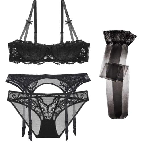 Varsmiss Sexy cotton lace bra+panties+garter+stockings 4 pcs underwear push up white lingerie set