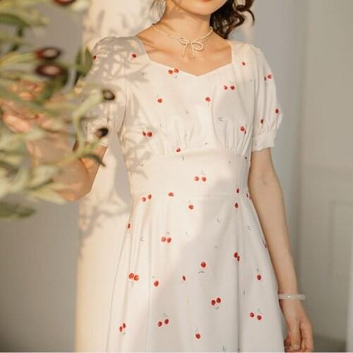 Summer Cherry Printed A-line Dress Short Sleeve Sexy Dresses Long School Retro Clothes Female Women Clothing Korean Fashion