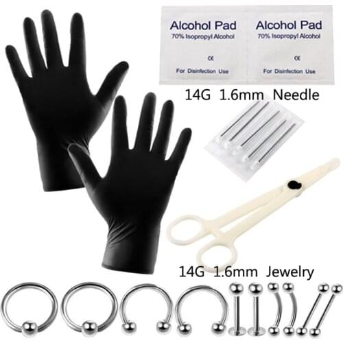 1 Set Disposable Body Piercing Kit Tools Pliers Forceps Needles Accessories Set with Eyebrow Labret Lip Nipple Nose Studs Rings