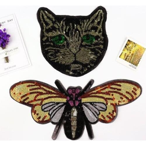 Butterfly Patches Gold Sequined Patch Sew On Clothes Patch 3D Cat Applique DIY Stickers Wedding