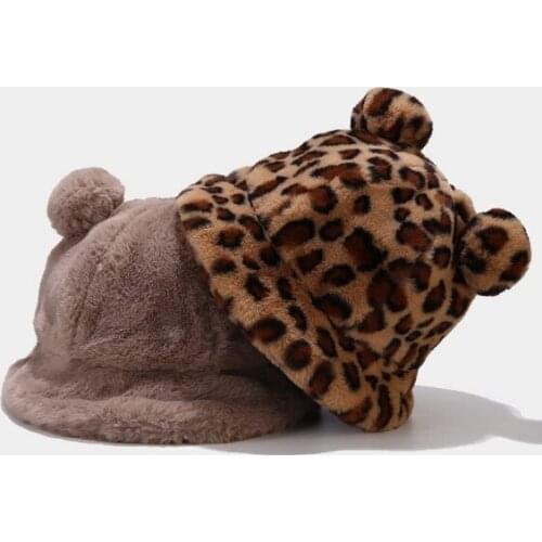 New Design Faux Fur Winter Panama Bear Ear Outdoor Sunscreen Bucket Hat Versatile Leopard Print Cow Rabbit Hair Plush Basin Cap