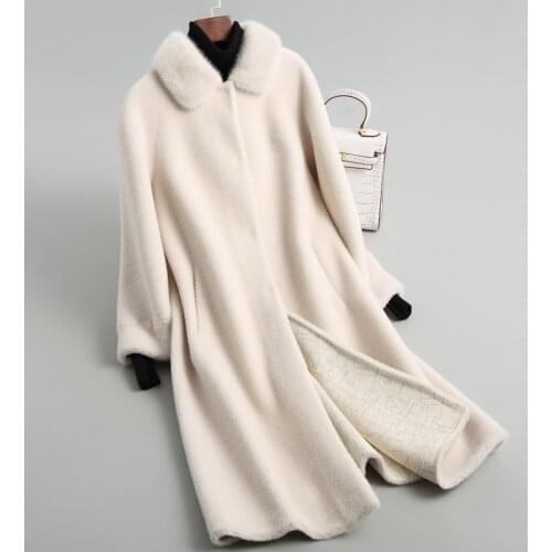New sheep shearing coat female mink collar long wool fur one grain fleece fur coat winter