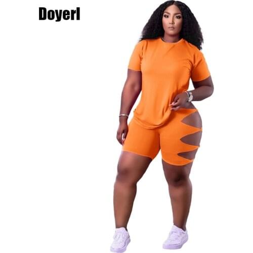 Solid Two Piece Set Womens Summer Suits T-shirt Top and Hollow Out Biker Short Suits Female Sportswear Tracksuit for Women 2021