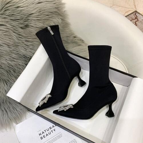 Pointed Socks Womens Stiletto Boots 2021 New Martin Boots Elastic Boots Sun Buckle Rhinestone High Heel Boots