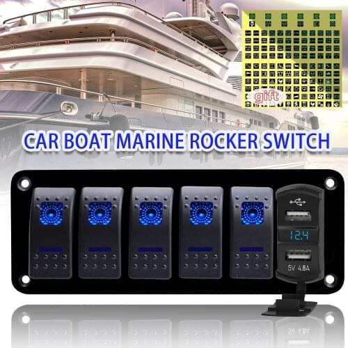 6 Gang Car Boat Marine Rocker Switch Panel Dual USB LED Circuit Breaker Voltage