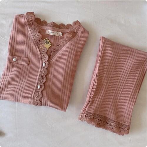 Autumn Casual Cotton Home Suit Women Pajamas Lace Sleepwear 2 Piece Set V Collar Shirts Long Pants Lounge Wear Homewear