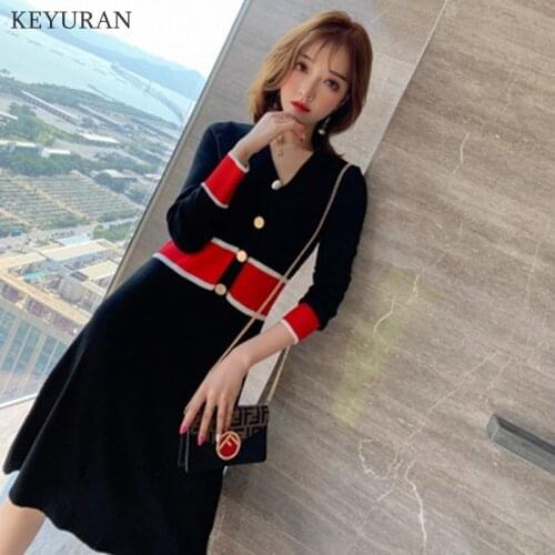 2021 Autumn New V-neck Sweater Dress Women Hit Color Sexy Bodycon Knitted Dress Female Full Sleeve Knitting Clothing Vestidos