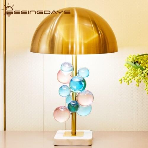Post Modern Light Luxury Transparent Crystal Ball Table Lamp Metal Case Cover Marble Base Table Lamp for Bedroom Bedside Lamps