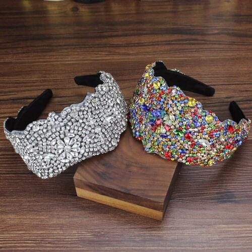 Wide Baroque hair accessories silver colorful full crystal boho headbands handmade rhinestone hairband for women wedding